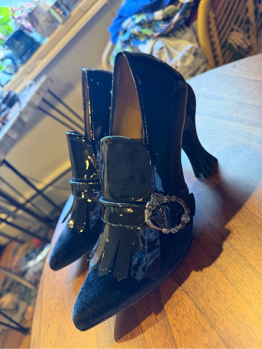 John Fluevog Black Patent & Velvet Fringe Pointed Heels with Buckle - Picture 2 of 7